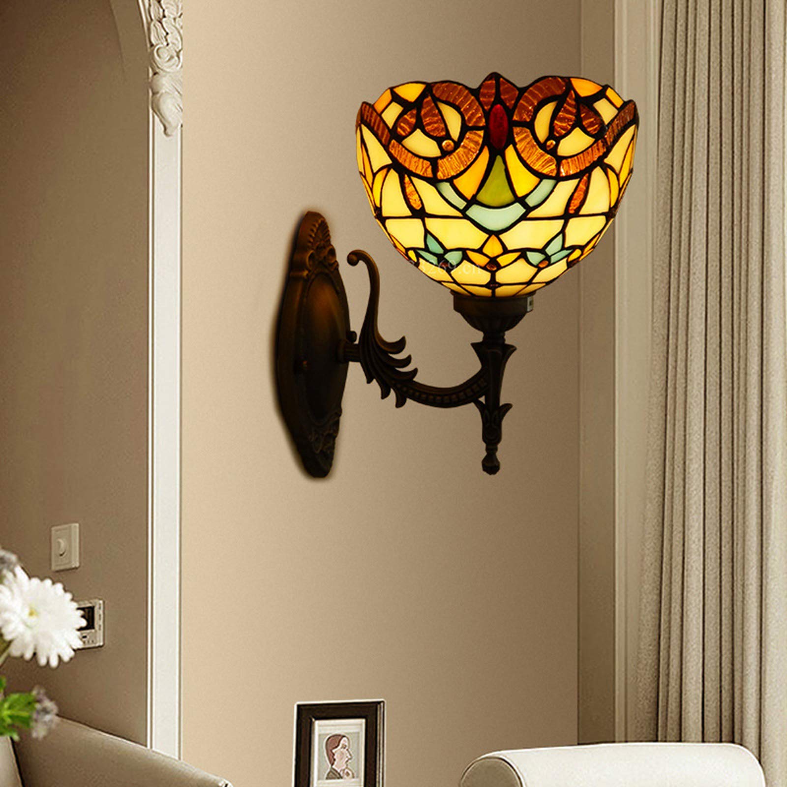 WXKAGF Kinkiety kryty salon w stylu retro witraż klosz kinkiet oprawa typu downlighter E27 oświetlenie wewnętrzne wystrój domu miękkie światło Loft balkon