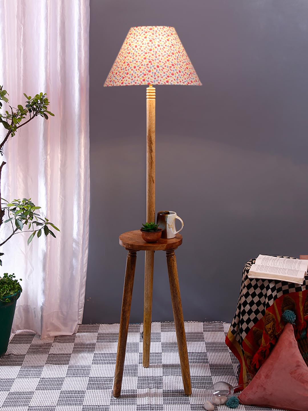 Devansh Printed Cotton Conical Wooden Floor Lamp -34(14x55.75inches) -Tripod Natural