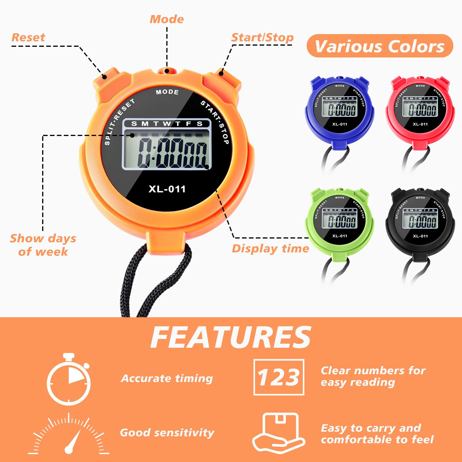 Tellegloww 40 cronómetro digital a granel, pantalla grande, cronómetro electrónico multifunción con calendario, reloj para natación, correr, entrenamiento, entrenadores, árbitros, profesores (5