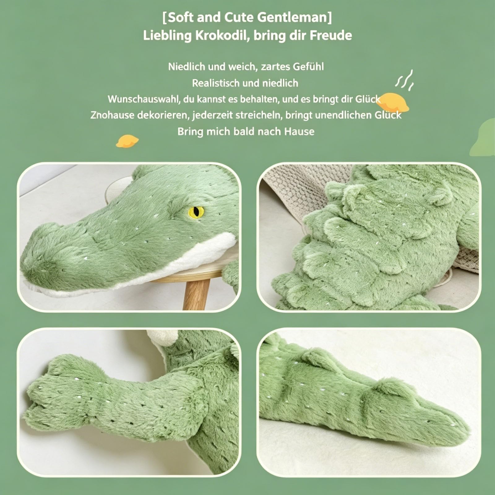 Krokodil Kuscheltier XXL, Groß Krokodil Stofftier Riesen Kuscheltier, Realistische Krokodil-PlüSenspielzeug Kissen, Krokodilkissen Plüschtier, Geschenk für Mädchen Jungen (115cm)