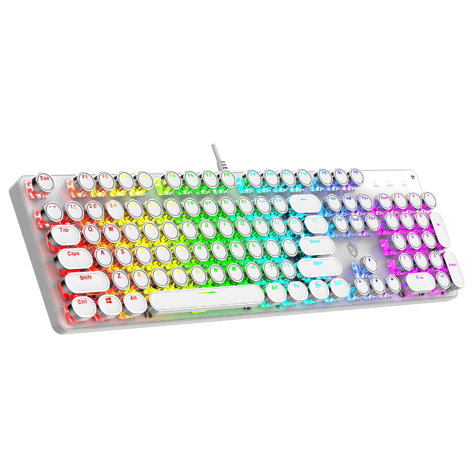 Mechaniczna klawiatura do gier z czerwonymi przełącznikami z podświetleniem RGB, 104 klawisze, okrągła nasadka klawiszy retro, przewodowa, styl maszyny do pisania, wygodny dźwięk pisania (biała RGB)