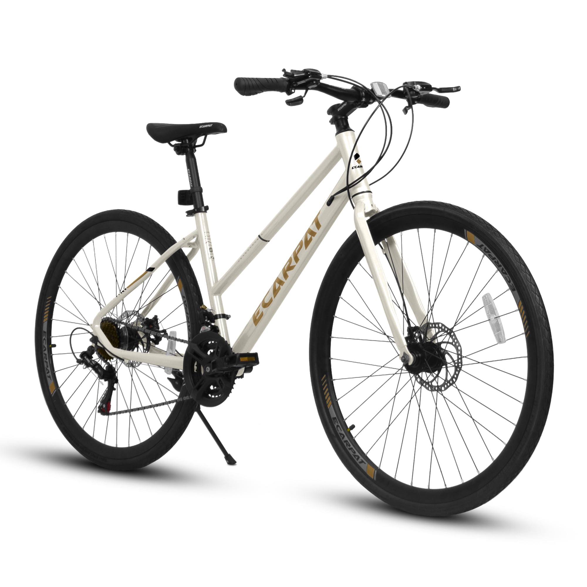700C Road Hybrid Bike for Adults, 21-Speed Road Bicycle with Carbon Steel Frame, Dual Disc Brakes, Flat Handlebar, and Multiple Color Options (Cream)