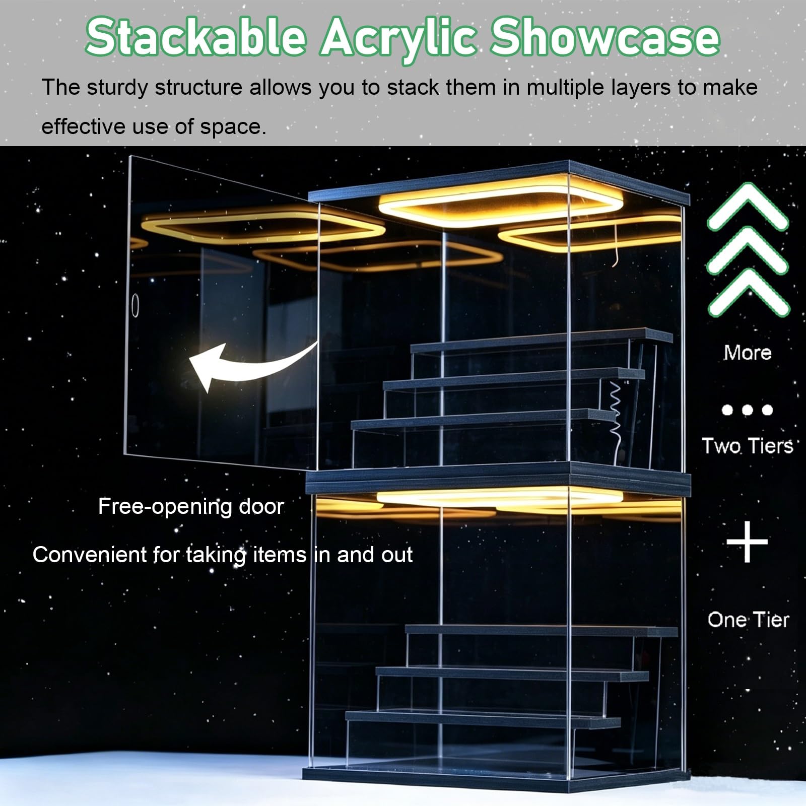 Teca Plexiglass Vetrina per Oggetti da Collezione Antipolvere Autoassemblante in Acrilico con Luci, Scatola da Esposizione per Vetrina da Banco in Acrilico Trasparente(A)