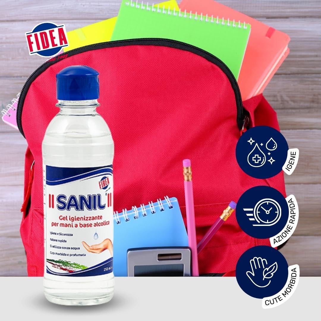 Fidea Sanil Gel Igienizzante Mani Professionale a Base Alcolica, Igiene Sicura e Profonda Senza Acqua, deterge a fondo la pelle - dermatologicamente testato (250 ml)