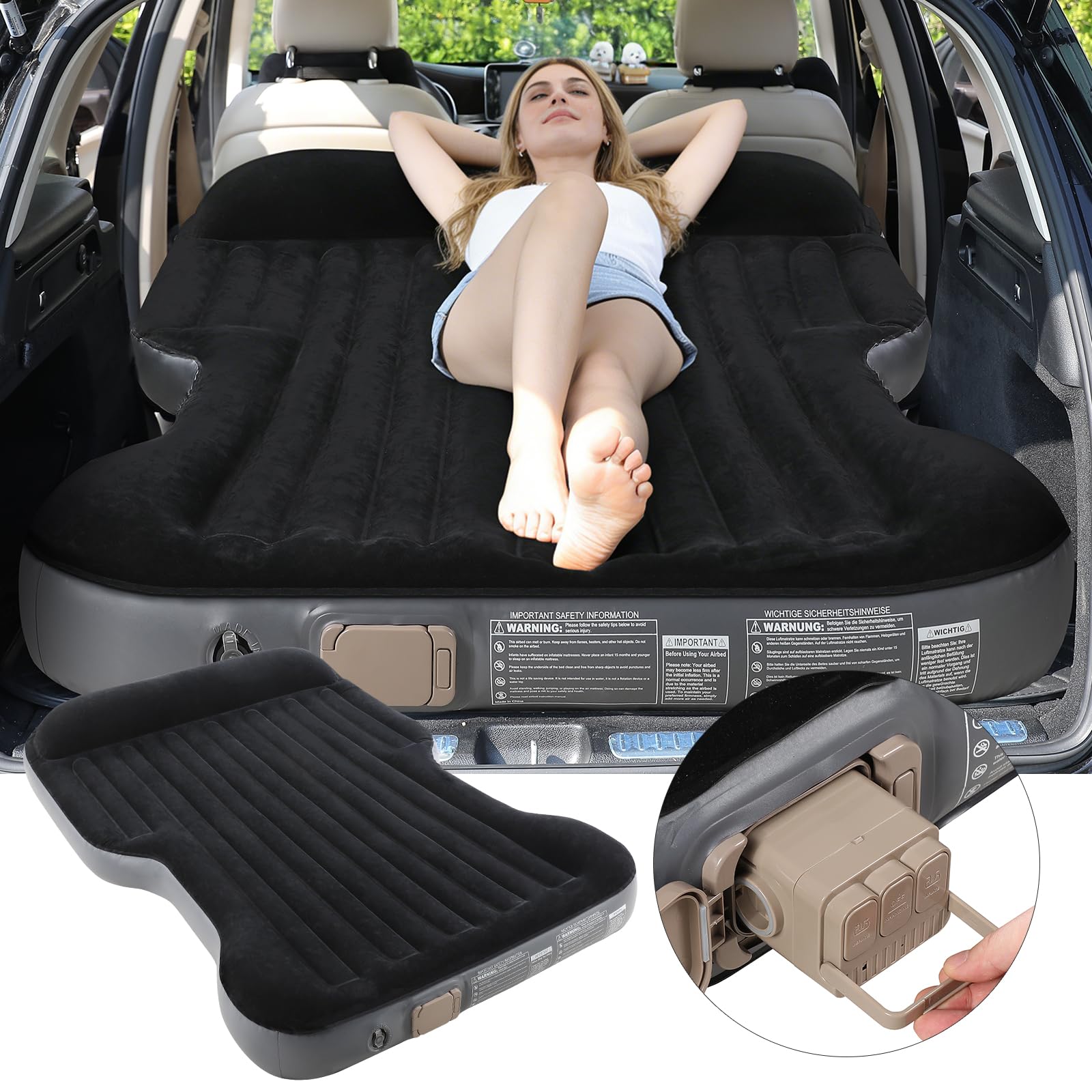 KMZ Aufblasbare SUV Luftmatratze mit integrierter Luftpumpe dickere Beflockung selbstaufblasbar tragbares Luftbett für SUV MPV Camping Outdoor schnelles Aufblasen und Entleeren (Schwarz)
