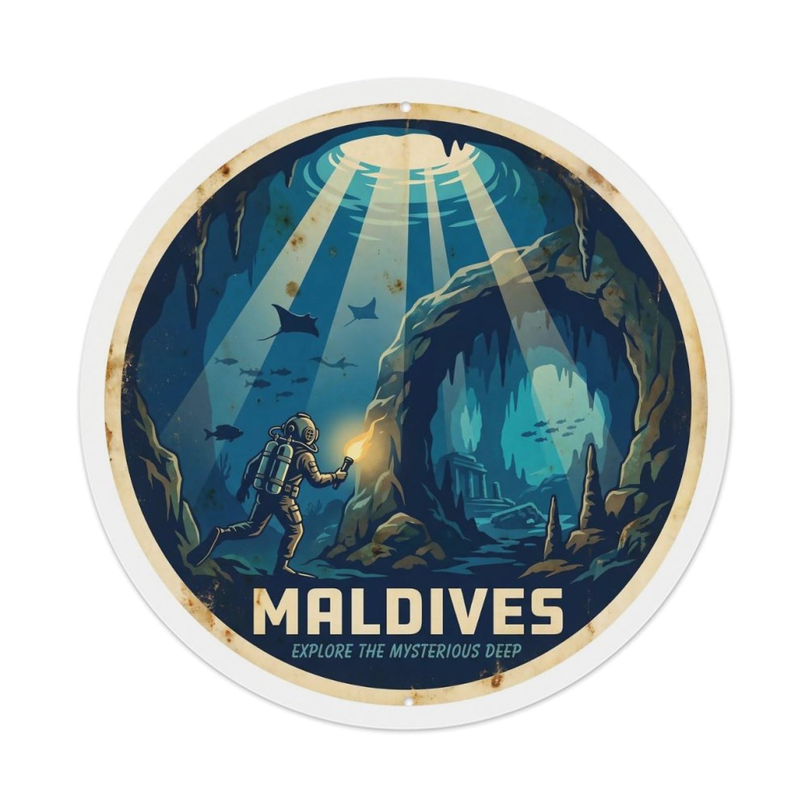 Odgynaw 8X8inch(20X20cm) Maldives Underwater Cave Diving Travel Coral Garden Metal Tin Sign