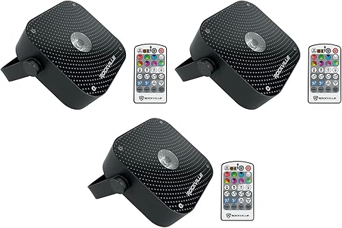 (3) Rockville Mini RF1 V2 Negro RGBWA+UV DJParty LED Wash Lights+4-Ch RF Remote