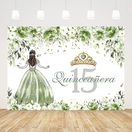 Miniatura 3 de Telón de fondo de quinceañera de 15 cumpleaños para niñas, vestido verde salvia, corona de princesa, fondo de fotografía, flores verdes salvia,