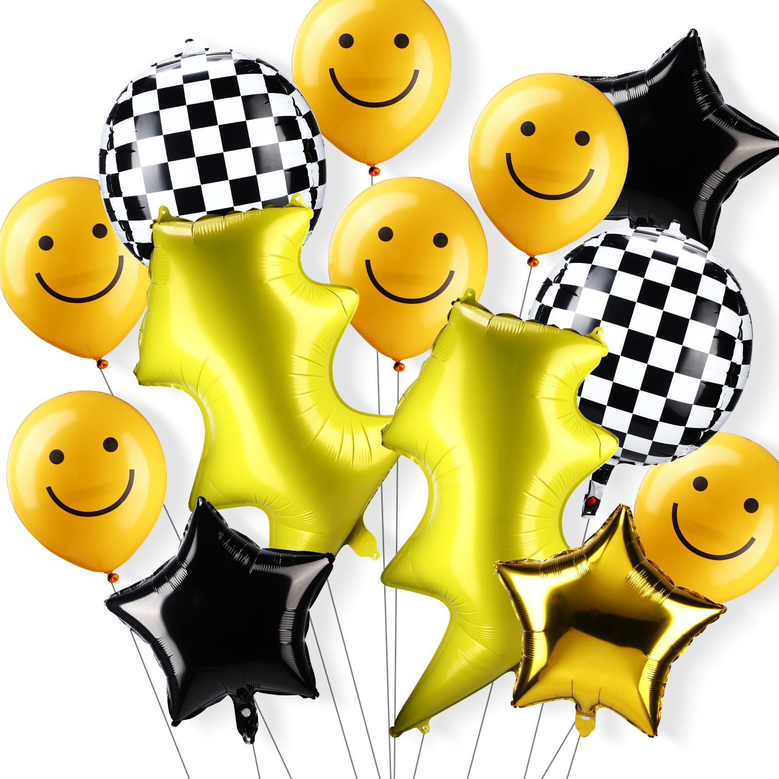 Ceenna24 Pcs One Happy Dude Balloons Set, 4 Checkered Balloons 10 Yellow Latex Smile Face Balloons 4 Yellow Lightning Balloons 4 Yellow Black Star Balloons 2 Ribbons for First Birthday Decorations