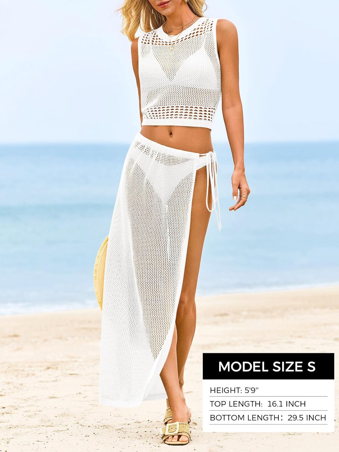 Fisoew Womens Crochet Swim Cover Ups 2 Piece Sleeveless Crop Tops Beach Wrap Skirt Hollow Out Boho Coverup Set