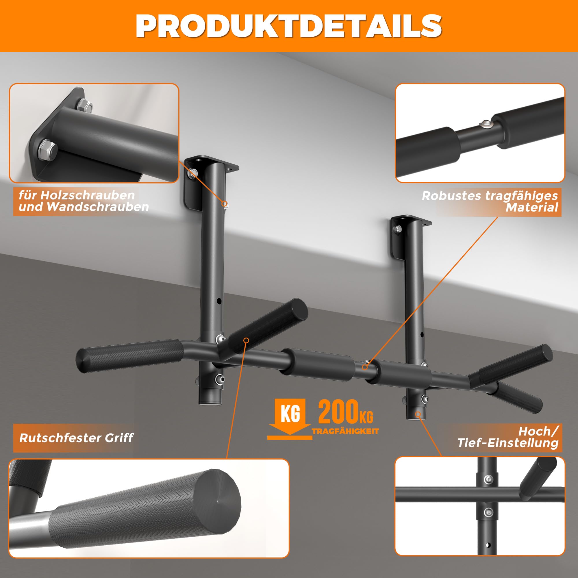 ONETWOFIT Klimmzugstange Wandmontage, Balkenmontage, Deckenmontage 3 in 1, Heavy Duty für Indoor Home Gym Workout multifunktionelle Klimmzugstange (Max Load 200kg)