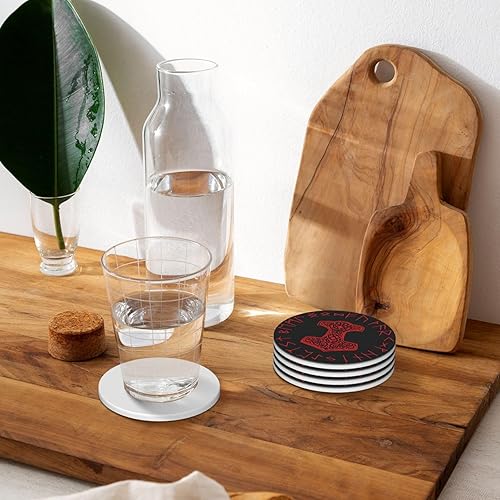 Miniatura 7 de Viking Mjolnir - Juego de posavasos con símbolo de mitología nórdica para bebidas, juego de posavasos de piedra de cerámica absorbente, base de