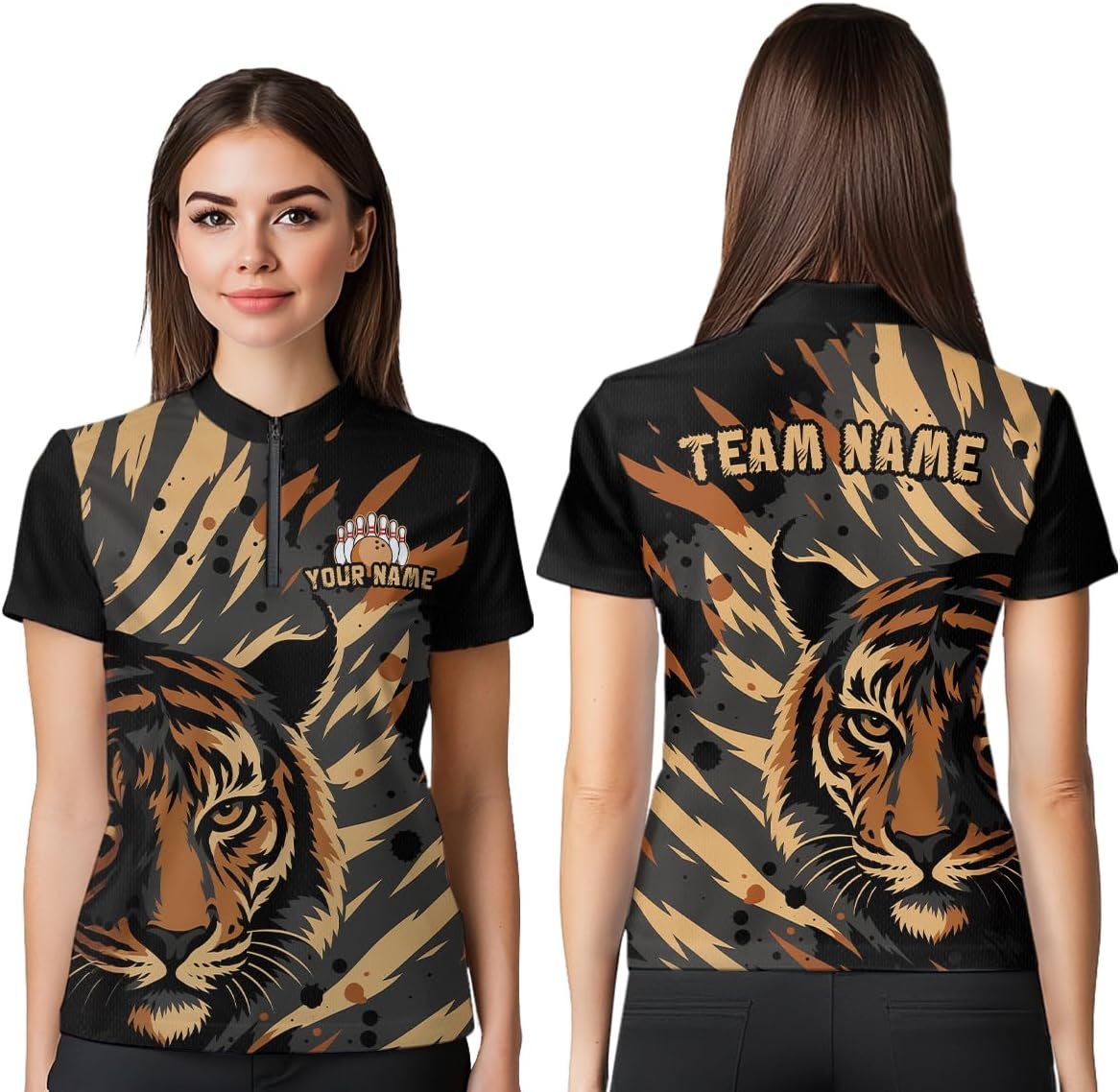 Tiger Bowling Shirts Custom for Team Bowling Jerseys for Women Men Matching Bowling Polo and Quarter Zip Shirt Bowling League