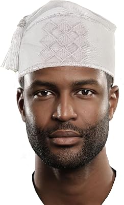 White Embroidered African Hand woven Aso Oke Hat with tassels