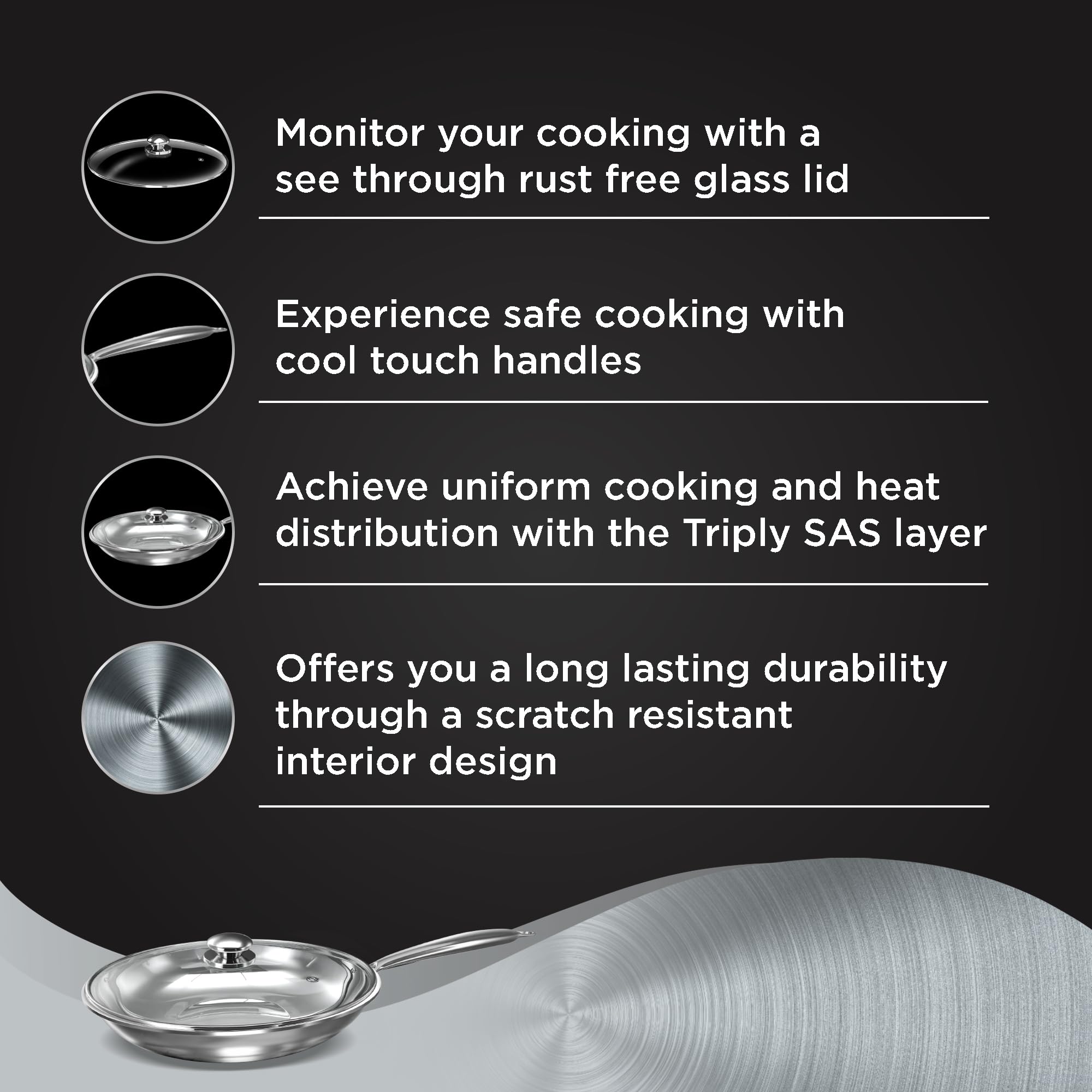 Preethi Metallica Collection Triply Stainless Steel Frypan with Glass Lid, 26 cm, Gas & Induction Compatible, Metal Spatula Friendly 2