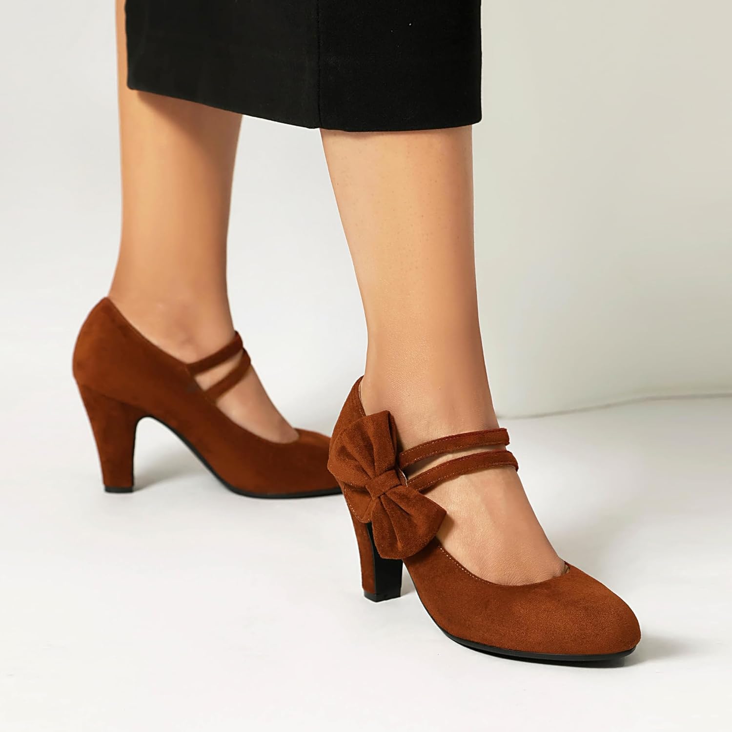 Women's Mary Jane Close Round Toe Vintage 1950s Heels Bow Double Straps Retro 1920s Victorian Pumps 1930s Shoes
