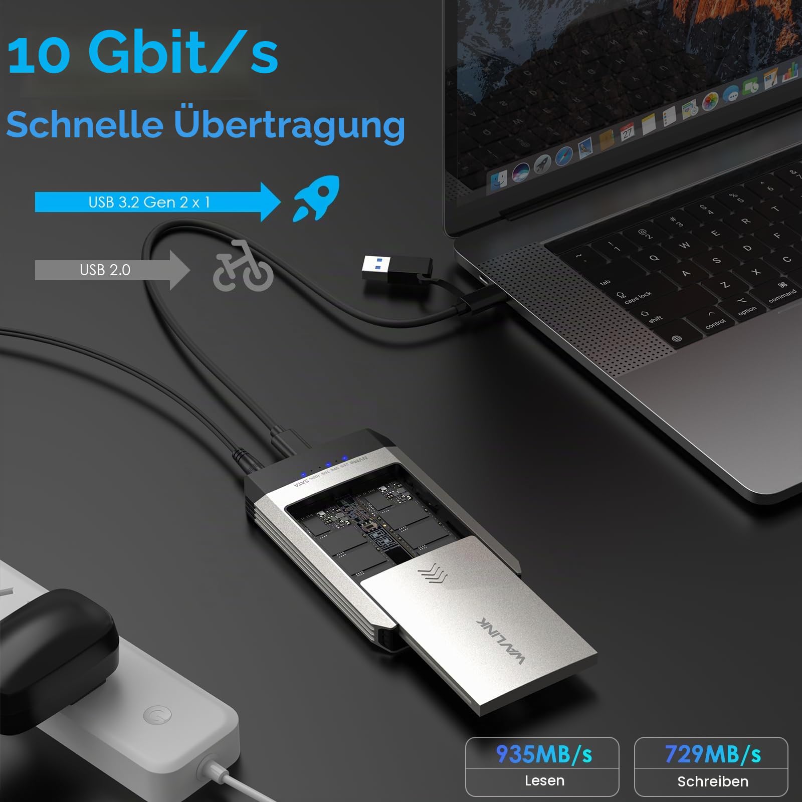 WAVLINK Dual-Bay Offline Clone Tool-Free, 10 Gbit/s M.2 Duplikator unterstützt SATA zu NVMe und NVMe zu SATA, Dual M.2 SSD-Gehäuse für 2230/2242/2260/2280, bis zu 8 TB