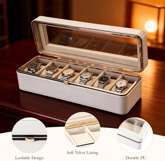 Watch Box 6 Slots Watch Case with Glass Lid Watch Display Storage Box for Men and Women Removable Watch Pillows Metal Clasp Synthetic Leather Velvet Lining Watch Box (White)
