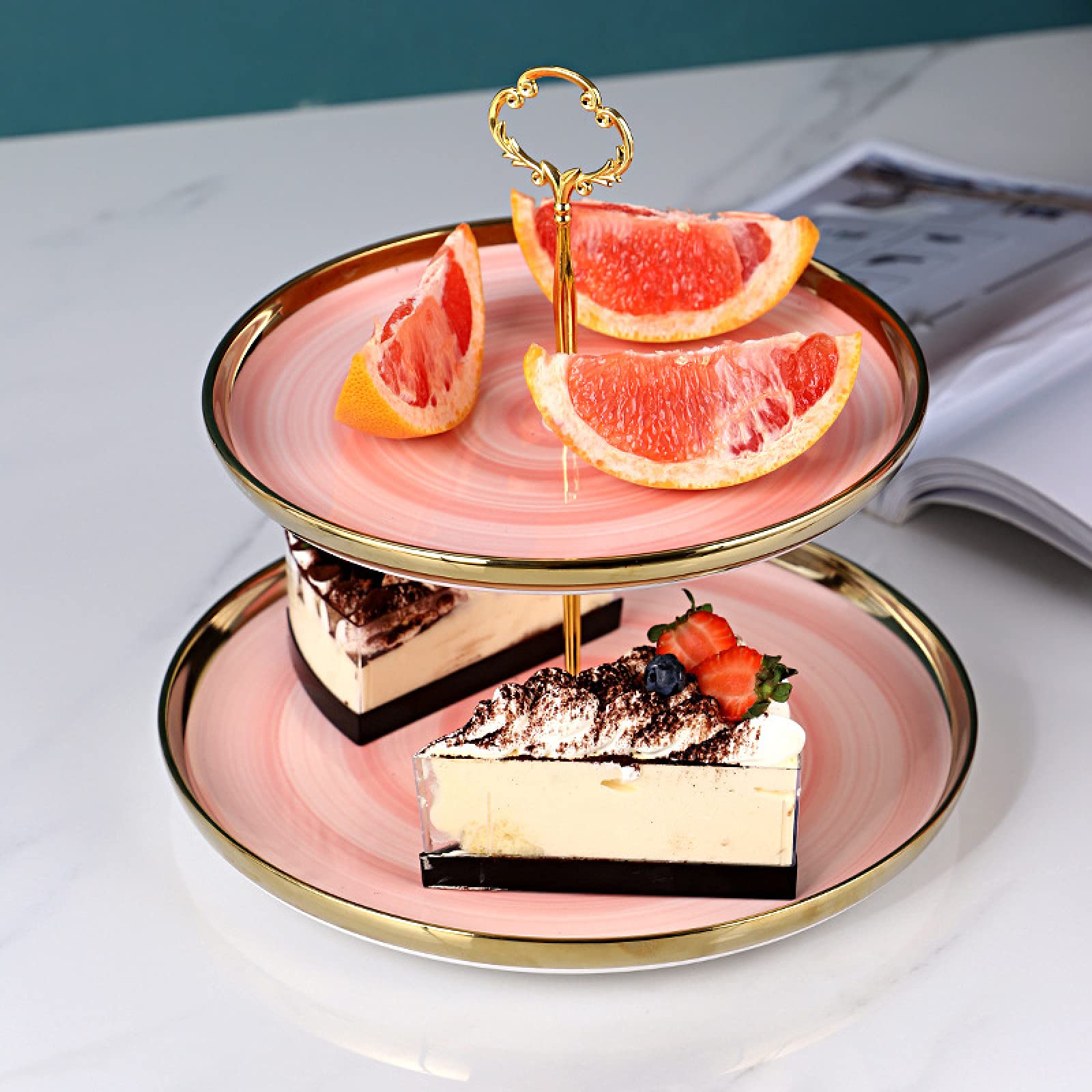 ZXCVB Alzata per Torta in Porcellana,Alzata per Dolci,Alzate per Buffet,per Frutta E Dolci Vassoi,Alzata per Cupcake per Dessert Elegante, Vassoio per Pasticceria,Pink-3Layer