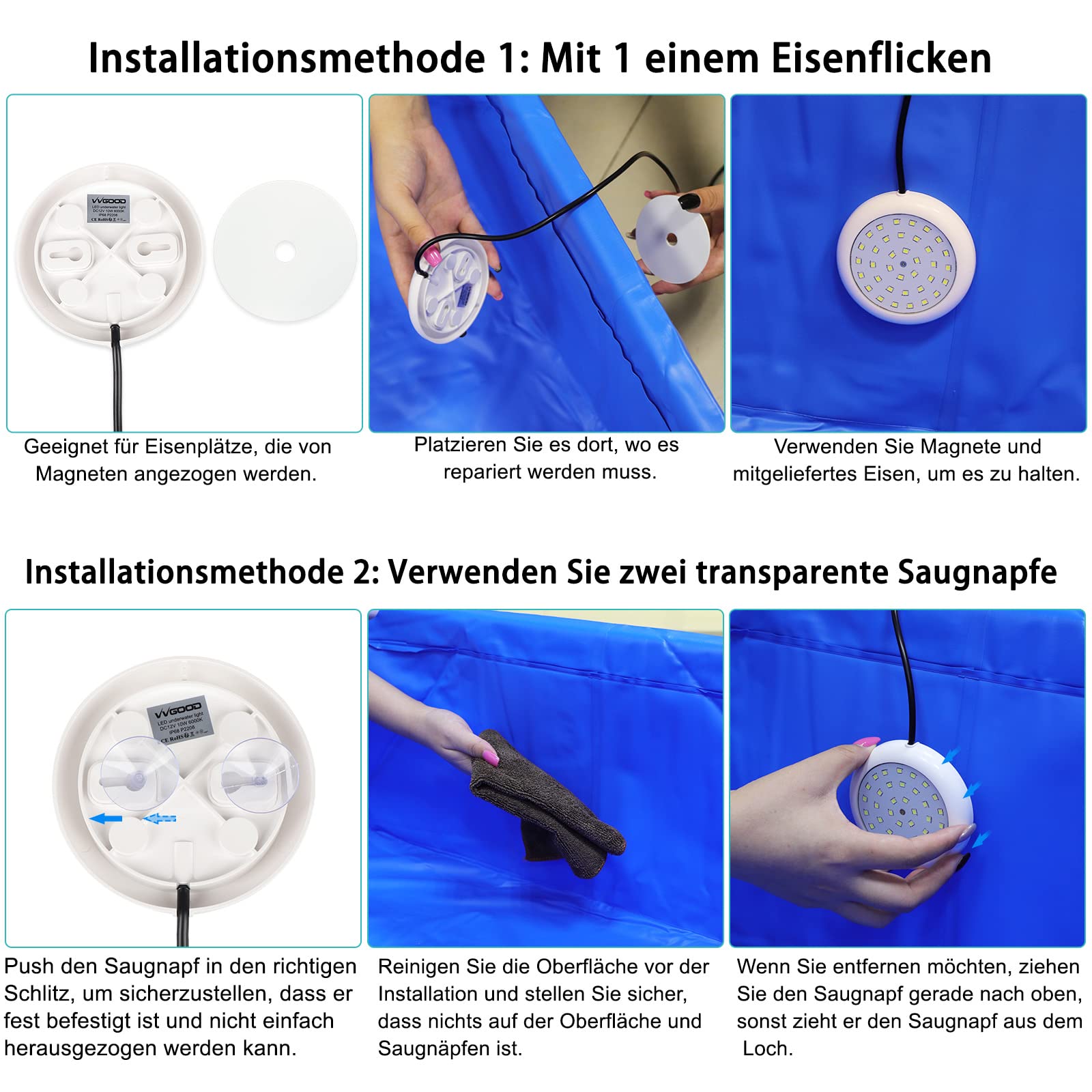COOLWEST LED Poolbeleuchtung für Aufstellpool, 10W Weißes Poolscheinwerfer LED Magnet mit Fernbedienung und Saugnapf, IP68 Wasserdicht Unterwasser LED 6000K für Stahlwandpool, 12V DC, Timer, 7M Kabel