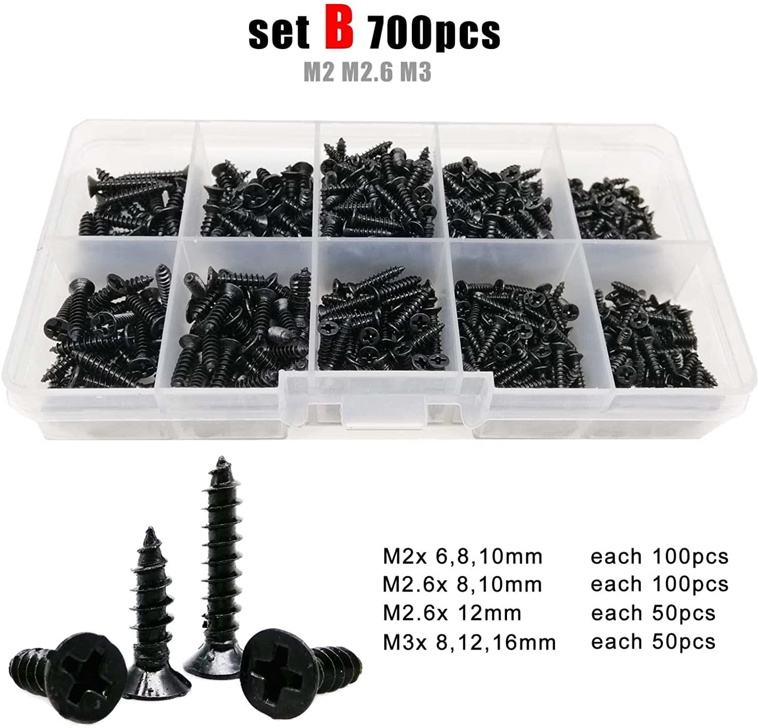 BATLAM Tornillo 700/2010 Piezas M1 M1.2 M1.4 M1.7 M2 M3 M4 Negro Micro Cruz Plana Avellanada Cabeza Autorroscante Juego de Tornillos para Madera Caja (Color : Set B 700pcs) (Set B 700pcs)