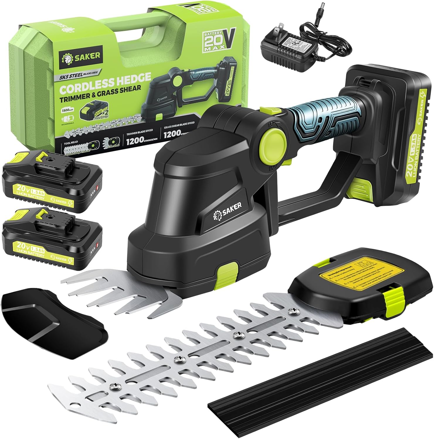 Saker Cordless Hedge Trimmer-20V Electric Shrub Trimmer Grass Shears Handheld Grass Cutter, Hedge Shear with 2 PCS Rechargeable Battery and Charger for Garden, Lawn GREEN HEDGE TRIMMER+2 BATTERIES