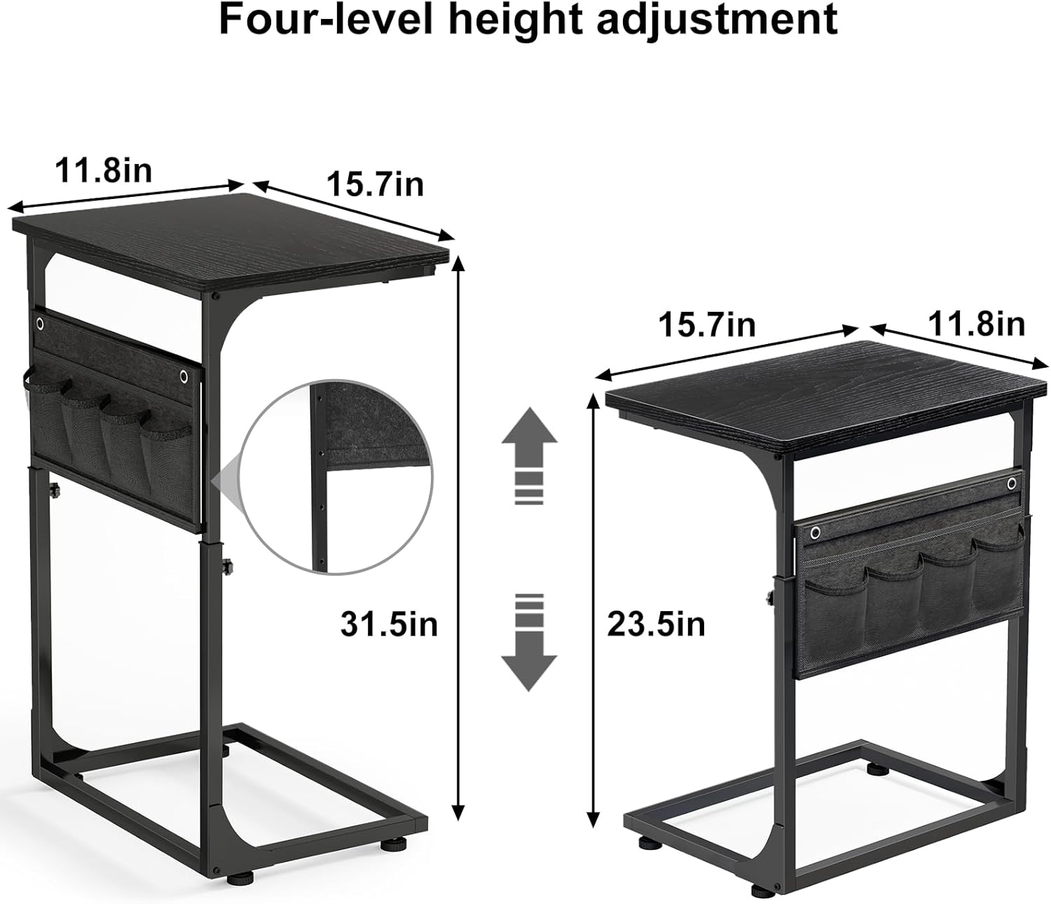 Fixwal C Shaped Side Table Adjustable Height End Table for Couch Small Sofa Table TV Tray with Storage Bag for Living Room, Bedroom & Office, Black