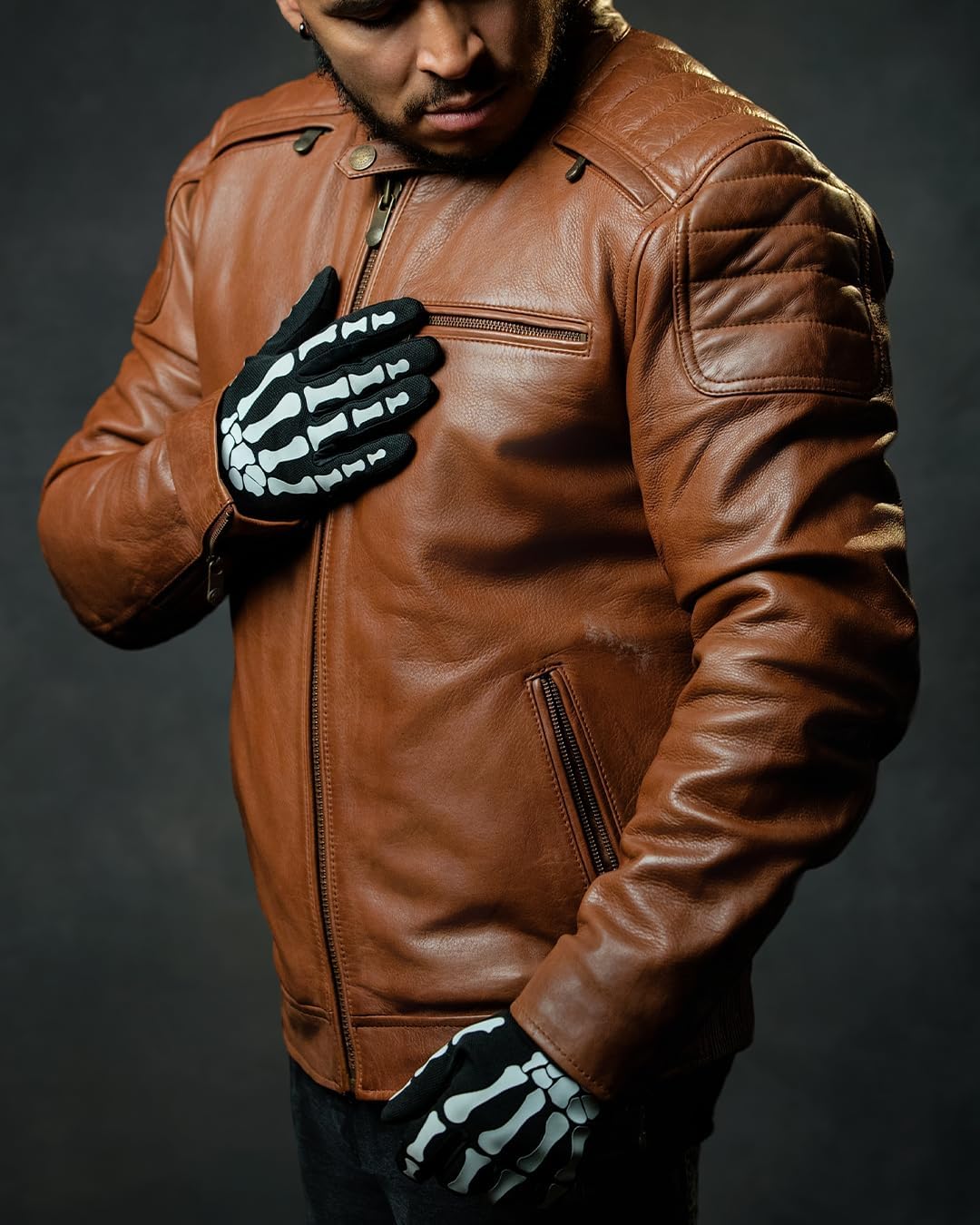 First Mfg Co - Crusader - Men's Motorcycle Biker Riding Brown Beige Leather Jacket Action Back Armor Pockets Vented
