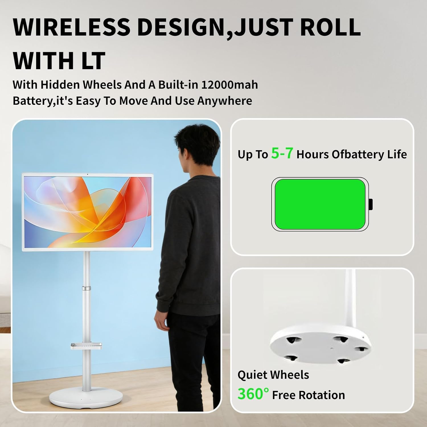 SHAHRYAR 27"/32" Portable Smart TV on Wheels |with Touch Screen Monitor | 8+128gb | Built-in 5-7h Battery | 13mp Webcam | Android Os | Wireless Display Casting | Remote Control 27"-4KFHD