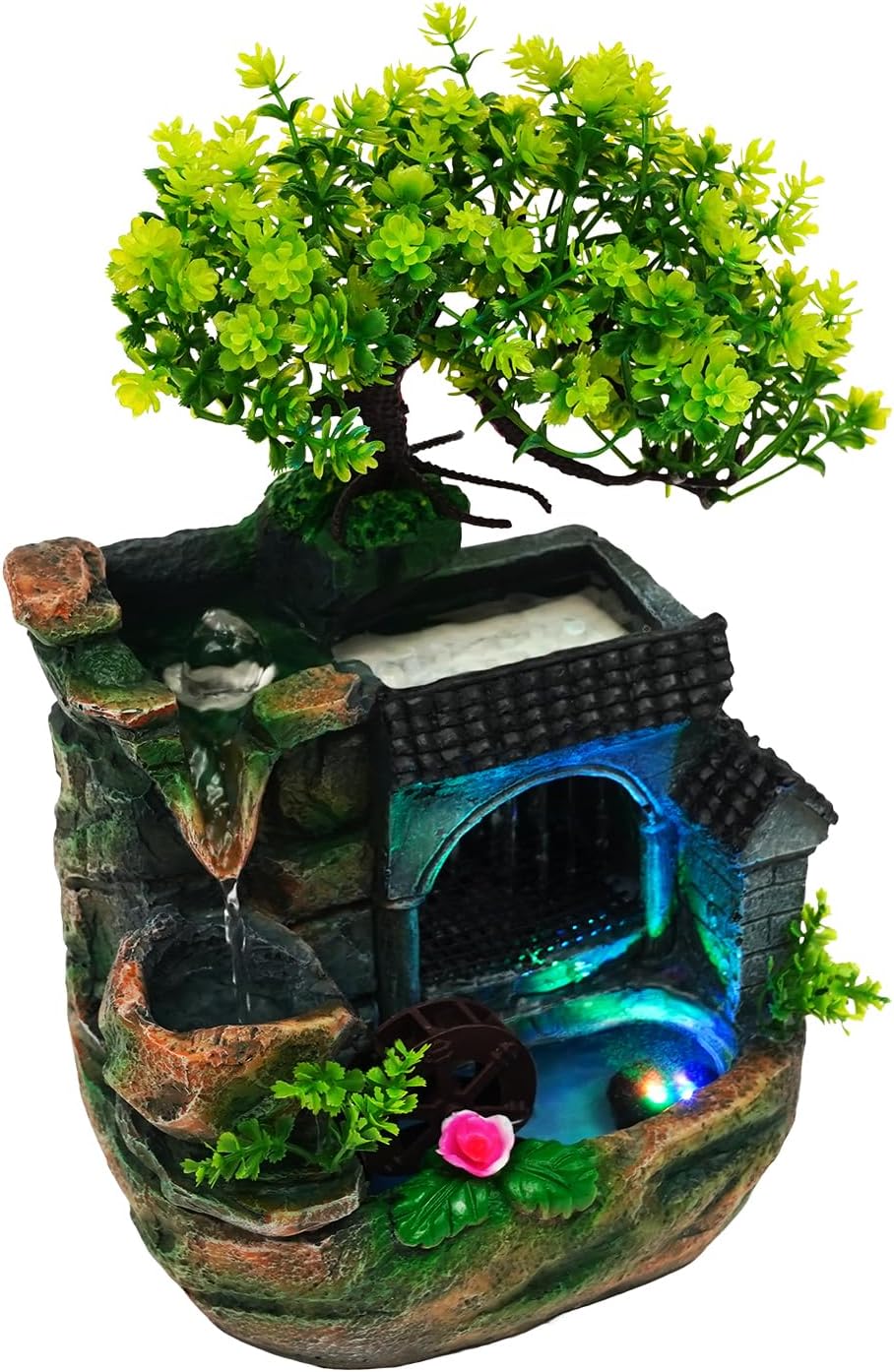 Desktop Waterfall Fountain, LED Small Rockery Flowing Water Tabletop Decoration Waterfall Lamp Lights Indoor Hand-Carved Resin Rockery Ornament Desk Decor with Pump for Home Office Bedroom