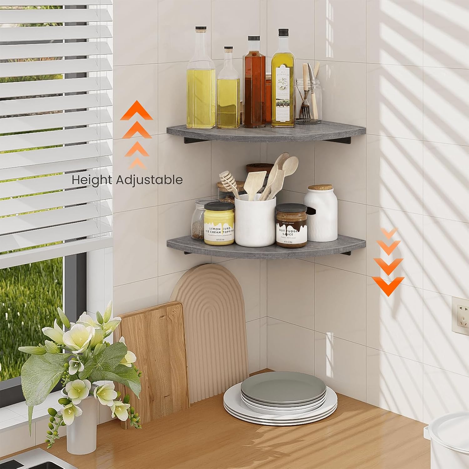 Corner Shelf Wall Mount, Round Corner Floating Shelves Set of 2 | Cord Hole, 12" Wood Corner Hanging Storage Shelving for Bathroom Bedroom Kitchen Living Room Office, Rustic Grey