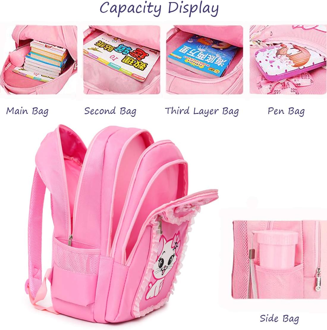 Cute Cat Printing Lace Backpack Lightweight Princess School Bag Kids Bookbag Handbag Pen bag Set for Primary Girls (Large, Pink1(backpack+handbag+pen bag)) - Image 5