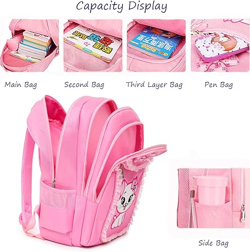 Miniatura 5 de Lindo gato impresión encaje mochila ligera princesa escuela bolsa niños bolsa pluma conjunto para niñas primarias, rosado1, Grande, Computadora