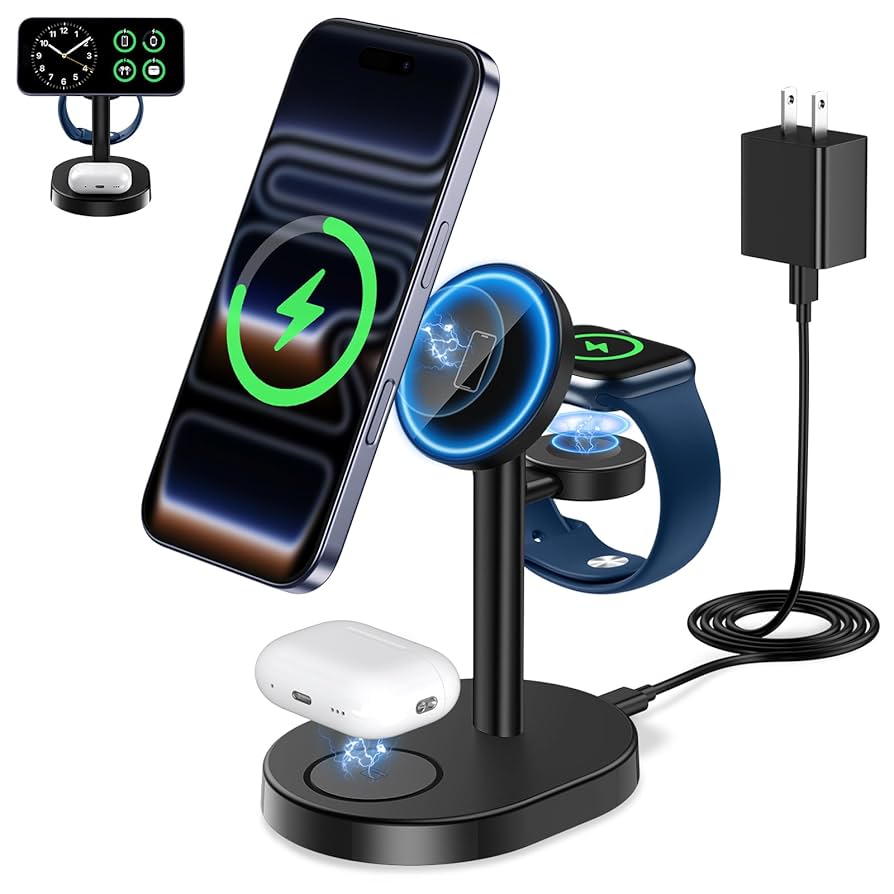 バッテリー/充電器 Apple - Wireless Charging Stand with MagSafe Amazon.com: Hevanto 2025 3 in 1 Wireless Charging Station