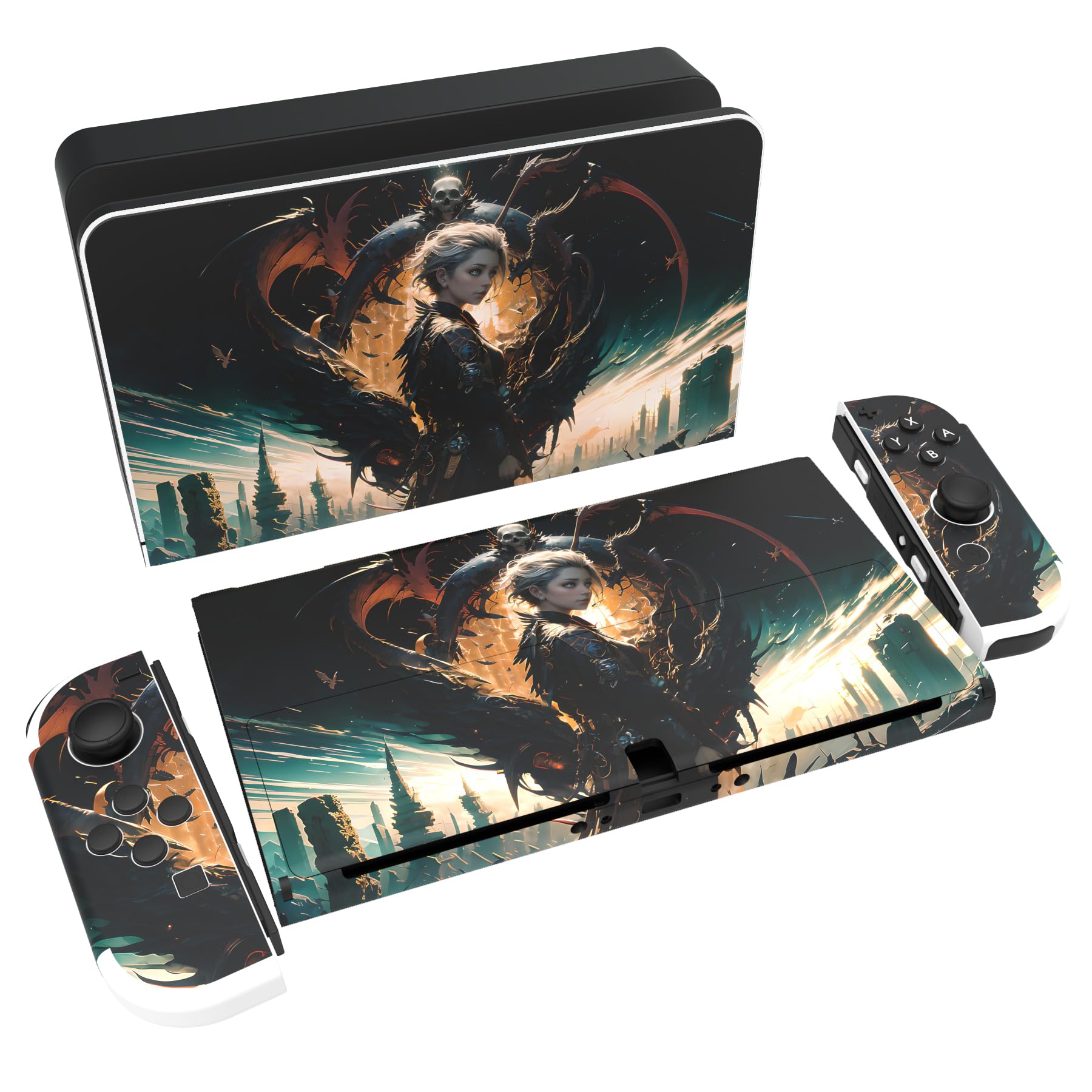 playvital Full Set Protective Stickers for Nintendo Switch OLED Model, Customized Vinyl Decal Skins for Switch OLED Console & Joycon & Dock & Grip - Abyss Knight — view 8