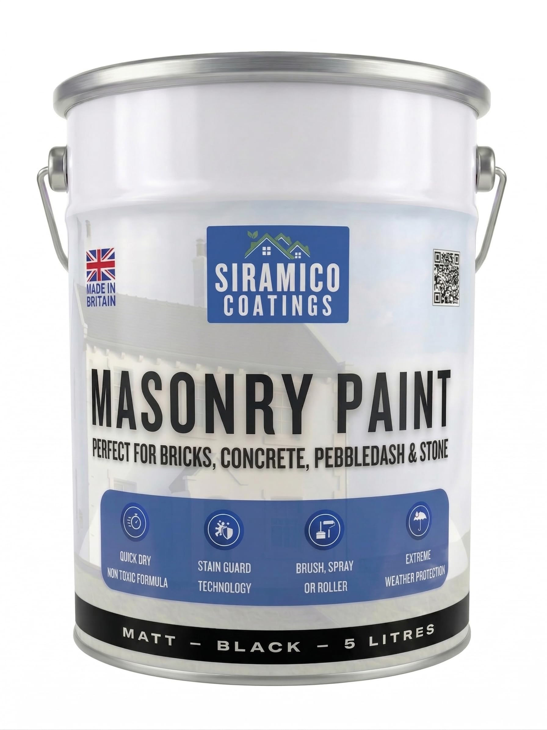 Siramico Coatings Black Masonry Paint | 5 Litres | Waterbased Eco Resin Technology | 7 Luxury Colours | Smooth Matt Finish For Outdoor Masonry Protection | 10 Year Colour Guarantee (Black)