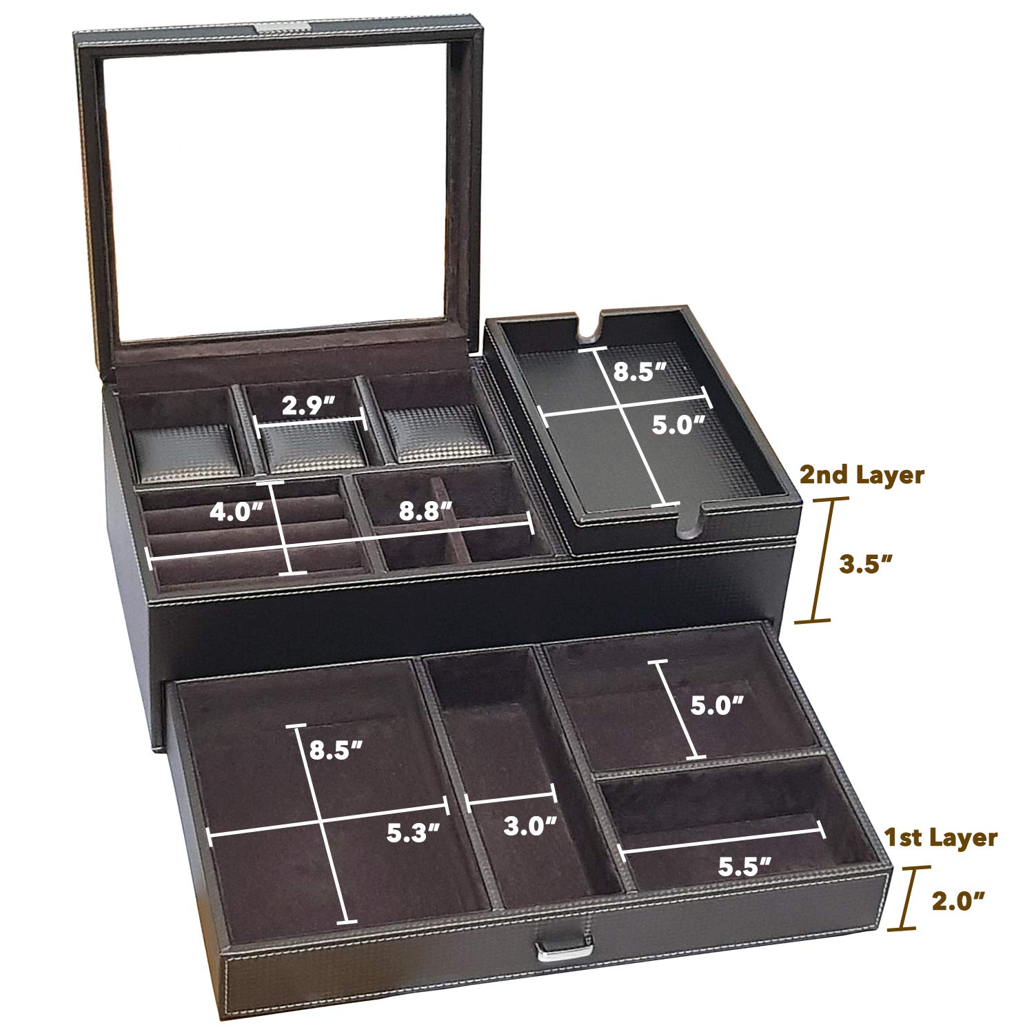 Amiglo Mens Dresser Valet Organizer with Charging Station, Nightstand Drawer Tray, Jewelry Accessories Watches Box, Carbon Fiber Design, PU Leather (Gold Brown)