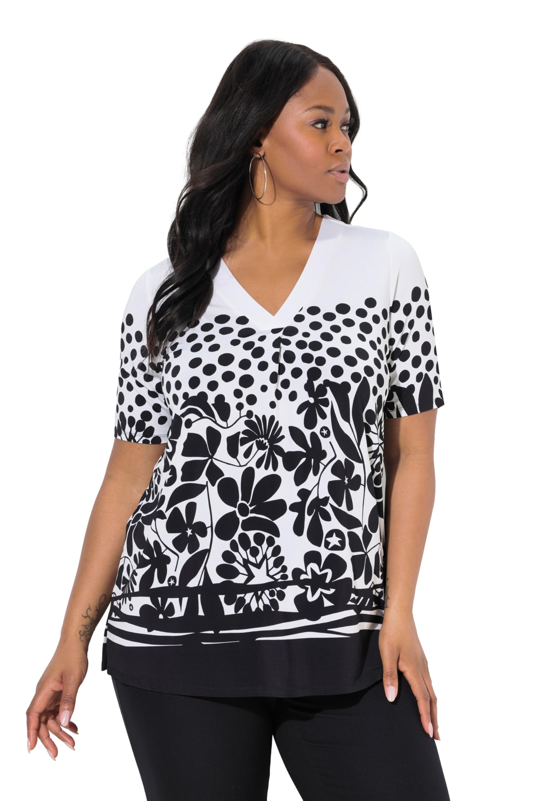 Ulla Popken Damen große Größen Übergrößen Plus Size Slinkyshirt, Blüten, V-Ausschnitt, Zierfalte, Halbarm 840389