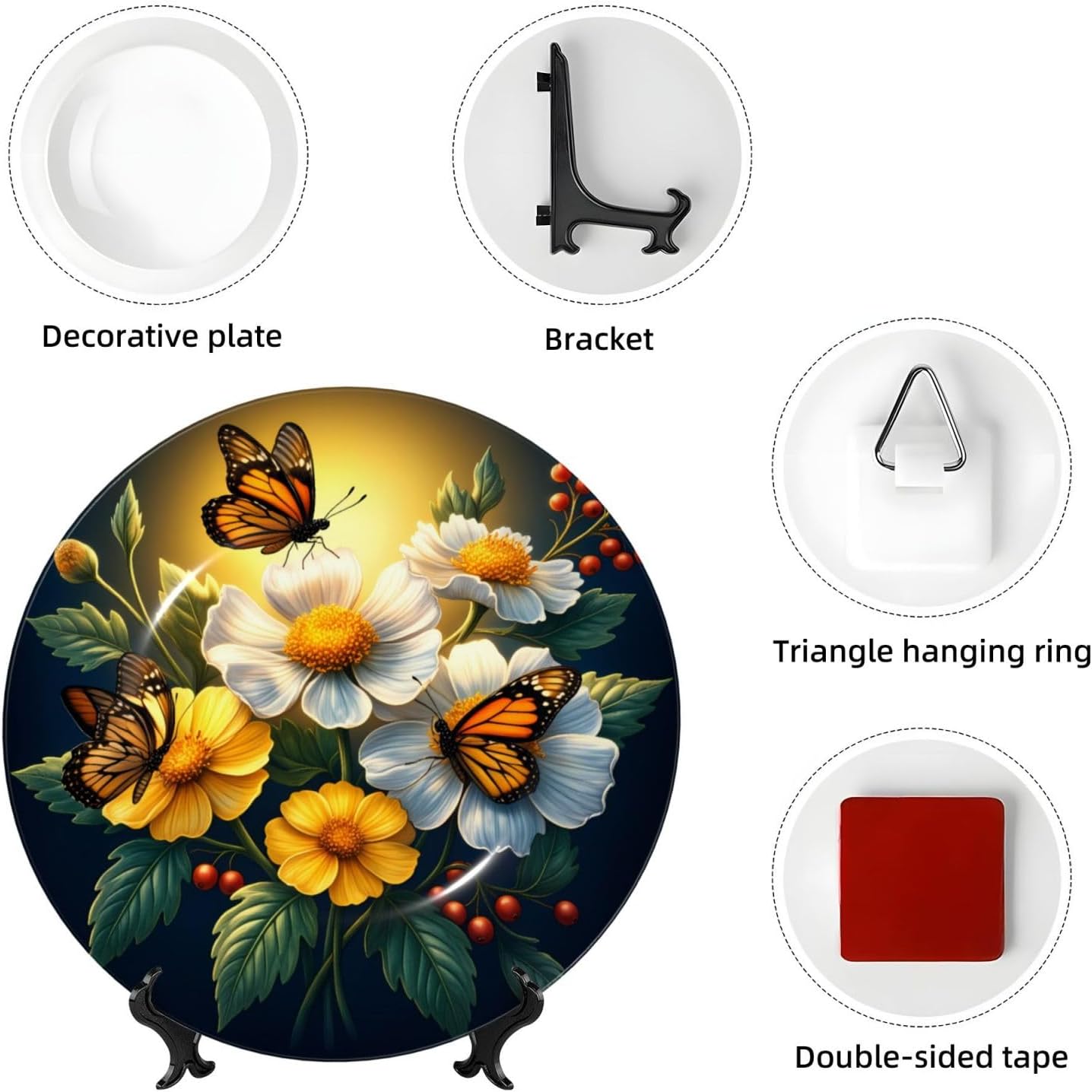 Bee And Daisy Garden Style Ceramic Plate Display Decorative Plate With Stand Wall Hanging Plate For Home Decor 10 Inch