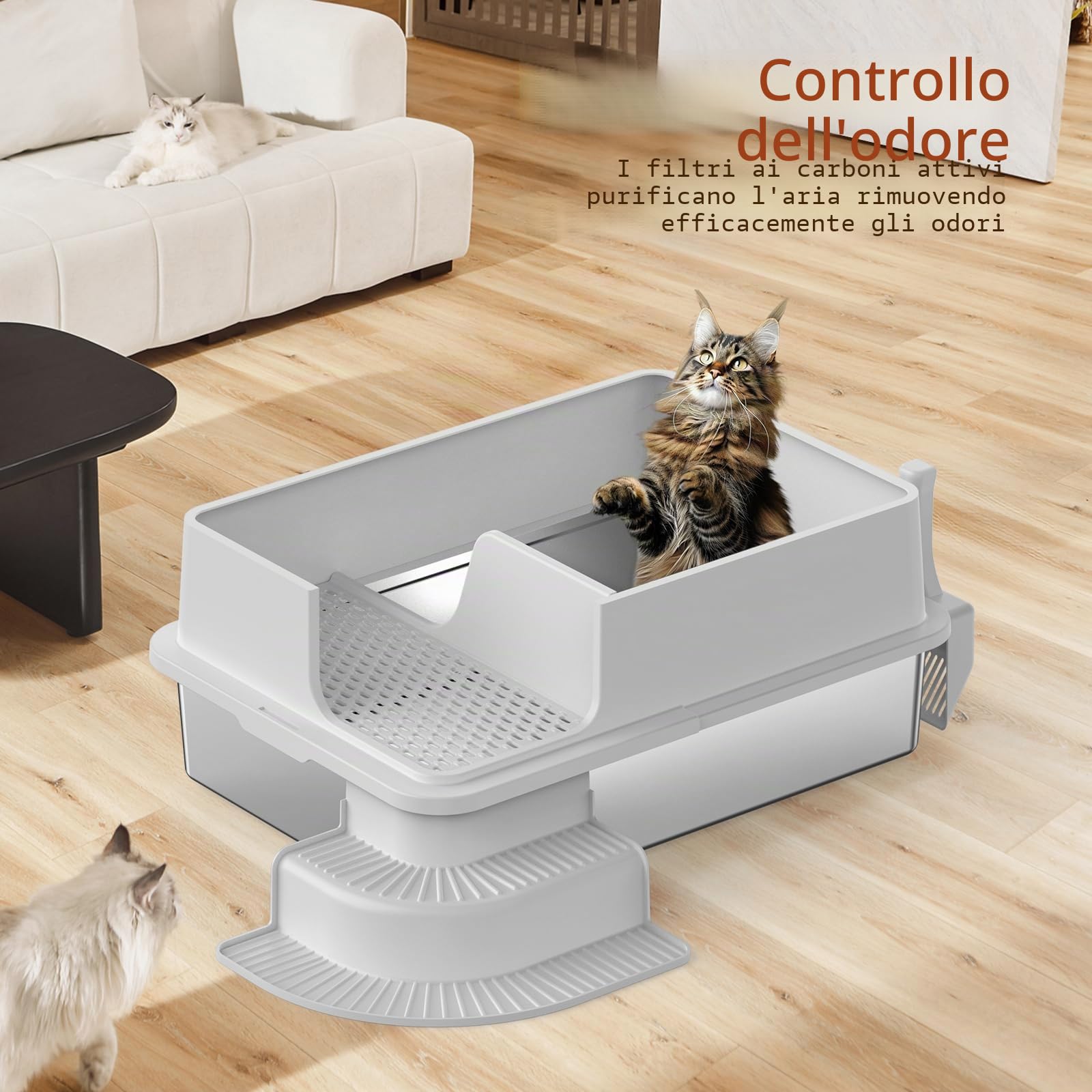 XXXL - Lettiera semi-chiusa in acciaio inox, 70 x 50 x 30 cm, parete laterale alta, in metallo, con passaggio filtrato, gradini, pala, non adesiva, facile da pulire (grigio chiaro)