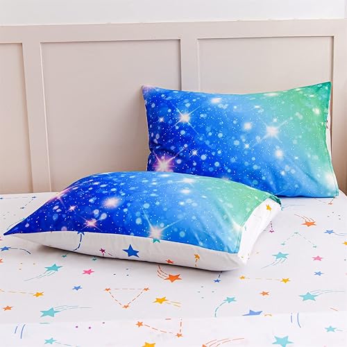 Miniatura 7 de A Nice Night Juego de ropa de cama de 6 piezas con purpurina degradada para niñas, juego de edredón colorido de galaxia arco iris, juegos de ropa de