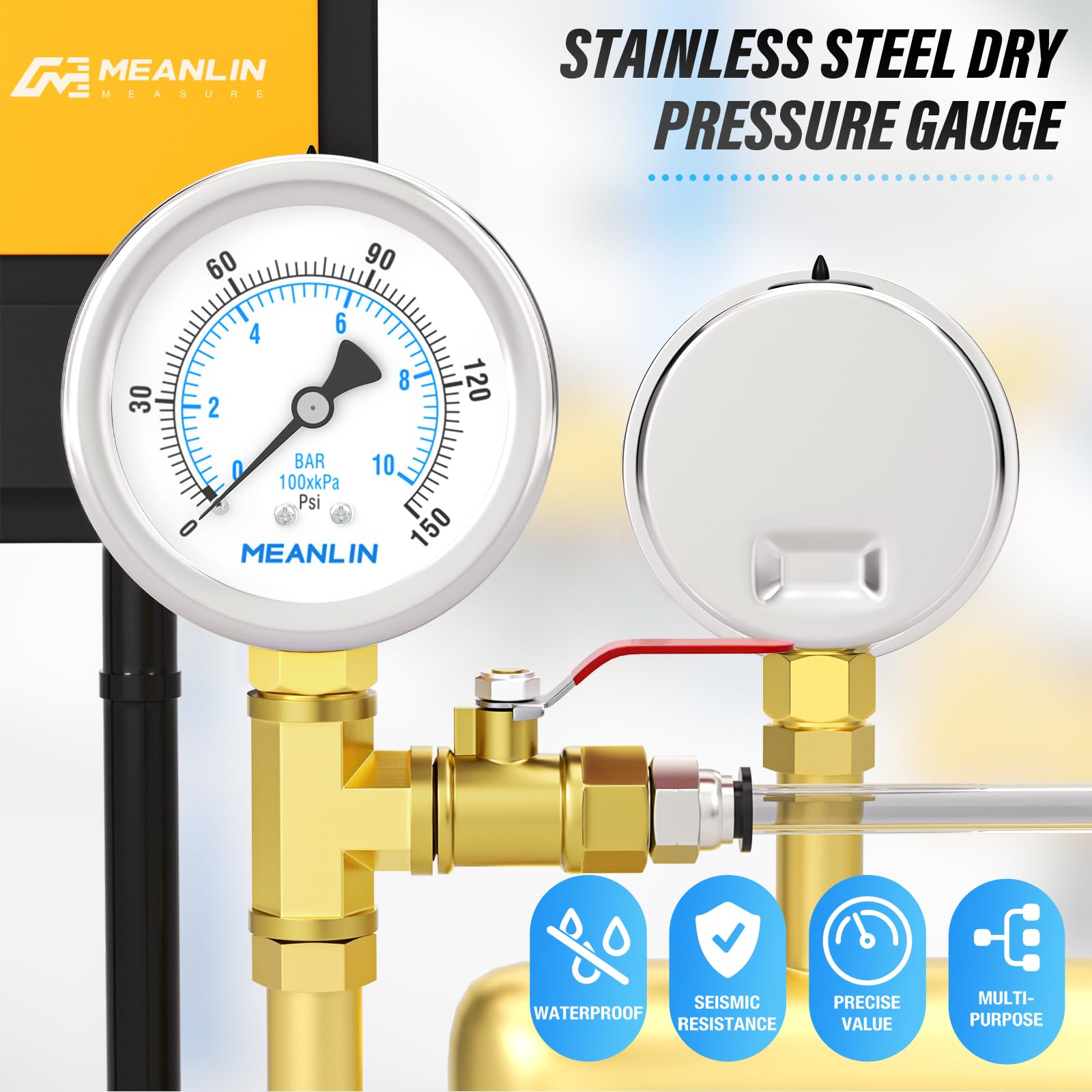 MEANLIN MEASURE 0~10BAR/0~150PSI Suchy manometr ze stali nierdzewnej 1/8" BSP 2" FACE DIAL wodoodporny do pompy studni, ciśnienie wody, dolny montaż, z gniazdem sześciokątnym 1/4" BSP i 3/8" BSP