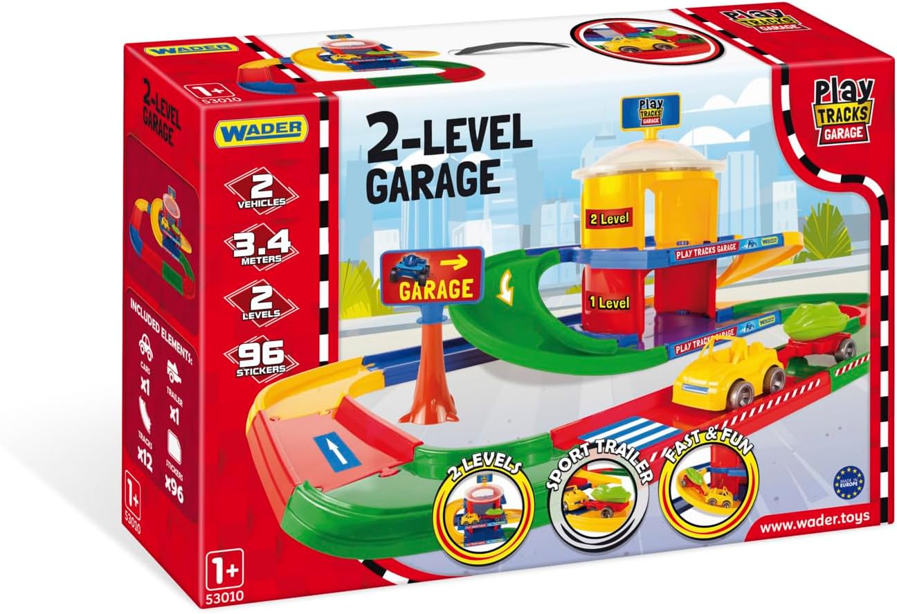 Wader 53010 Tracks Garage on Two Levels with Vehicle and 3.4 m Play Street, from 12 Months, Multicoloured, Standard