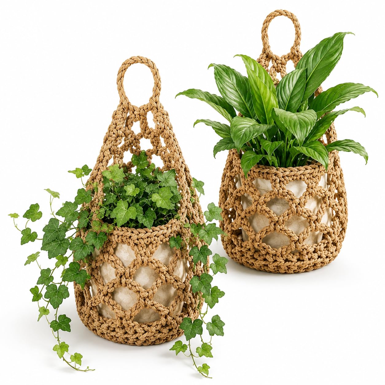 2pcs Cotton Rope Macrame Wall Plant Hanger, Boho Woven Basket Holder
