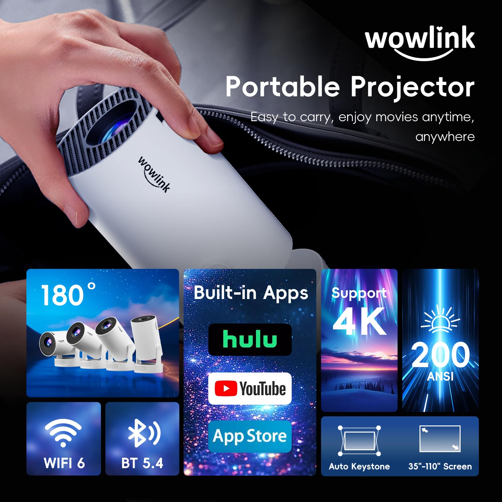 Mini Beamer 4K Full HD 1080P 2026 Neueste Eingebaute Apps 1080P FHD WiFi 6 BT 5.4 Auto Screen Keystone Korrektur Smart Projektor Tragbar Auto Horizontal Trapezoid Correction, Ultrakurzfokus, Weiß