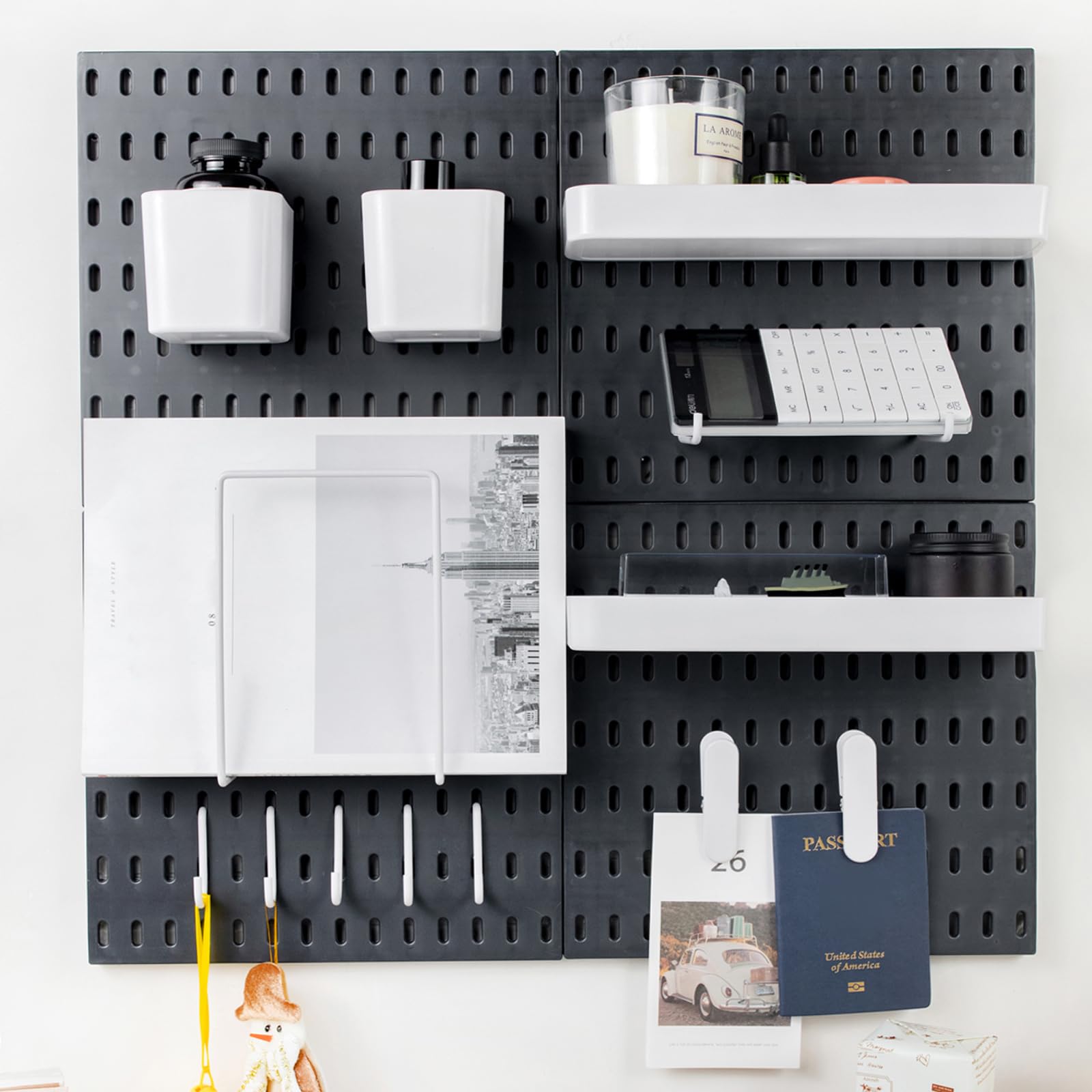 Pegboard Combination Kit for Wall Organizer, Wall Mounted Peg Board Kits for Kitchen, Bedroom, Office, &Bathroom, 4 Pieces Black Pegboards and 14 Accessories, 22" x 22"