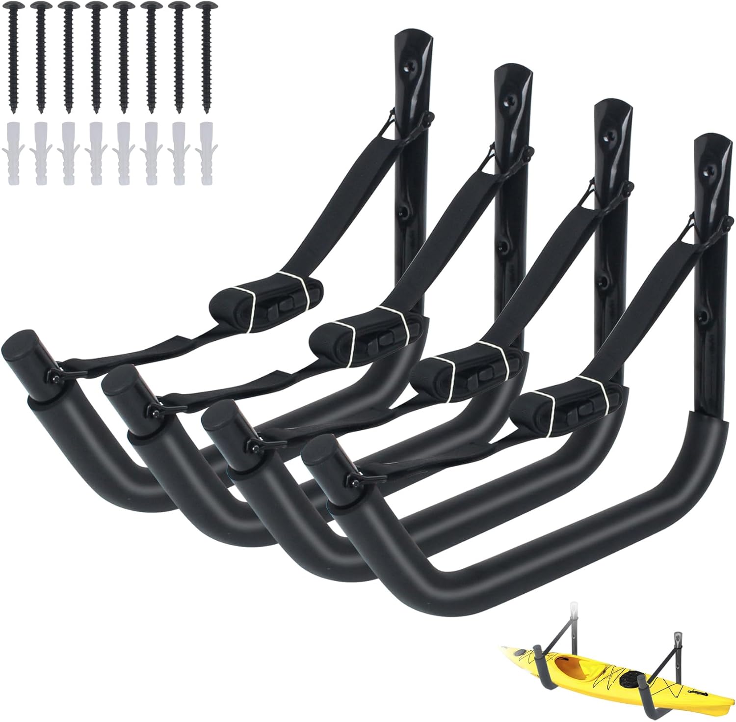 DEDU Kayak Storage Rack, Kayak Wall Mount Hangers 4 Pack, Paddle Board Holder Wall Mount Kayak Storage Hooks 15 Inch with Lashing Straps for Hanging Canoe Surfboard Snowboard Ladders Bikes DEDU Kayak Storage Rack, Kayak Wall Mount Hangers 4 Pack, Paddle Board Holder Wall Mount Kayak Storage Hooks 15 Inch with Lashing Straps for Hanging Canoe Surfboard Snowboard Ladders Bikes