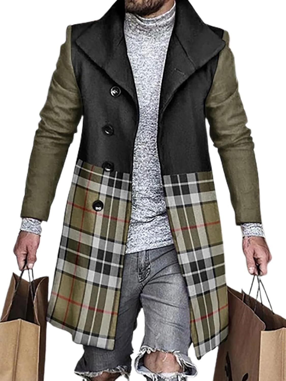 Zhyaj Men's Fashion Plaid Long Sleeve Lapel Collar Slim Fit Jacket Coat Winter Wool Blend Button Mid Long Overcoat