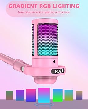 NJSJ Gaming Microphone, USB Microphone for PC/ PS4/ PS5/ Mac/Phone, Condenser Mic with Touch Mute, Brilliant RGB Lighting, Gain knob & Monitoring Jack for Recording, Streaming, Podcasting (Pink)