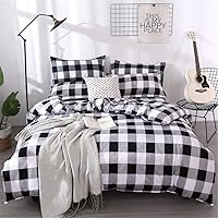 Vista 1 de Juego de ropa de cama de granja a cuadros búfalo negro gris blanco, funda de edredón a cuadros individual, colchas de cuadrícula suaves y ligeras, 1